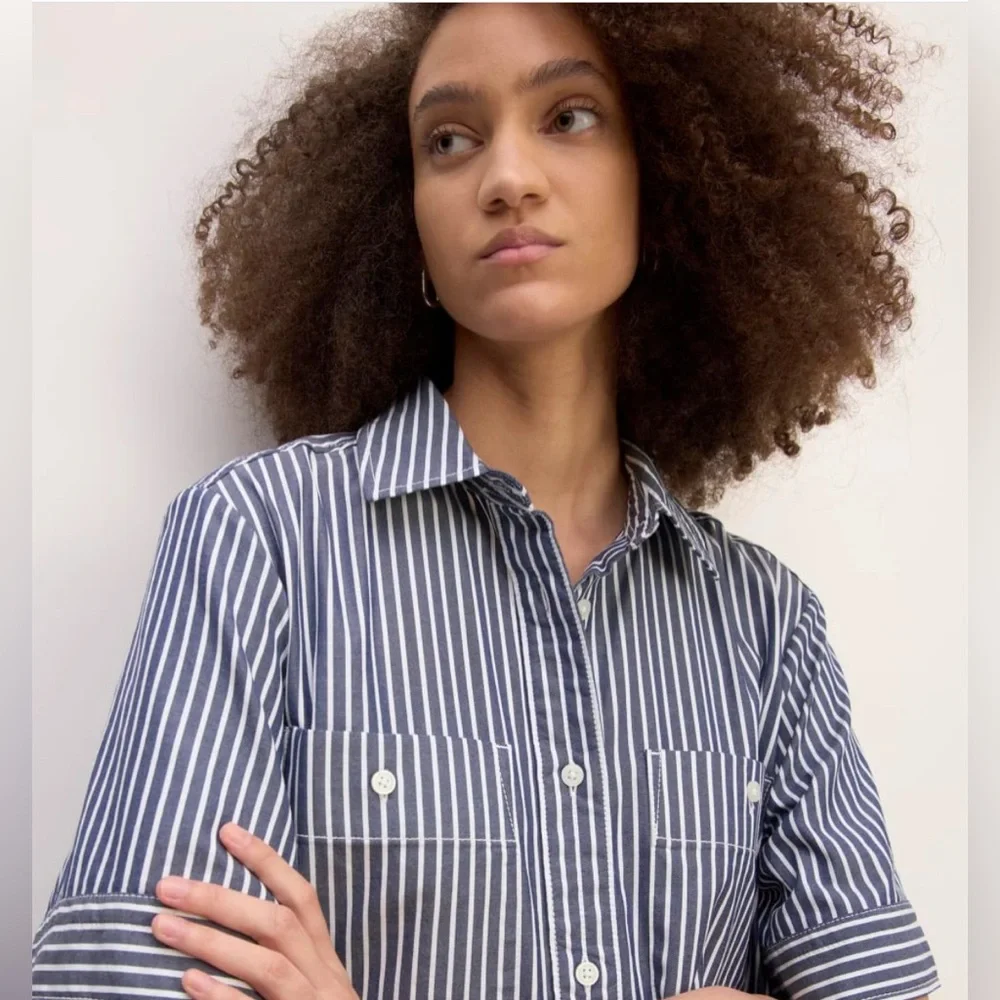 EVERLANE daytripper short sleeve blue & white stripe shirt dress oversized small - Picture 3 of 9
